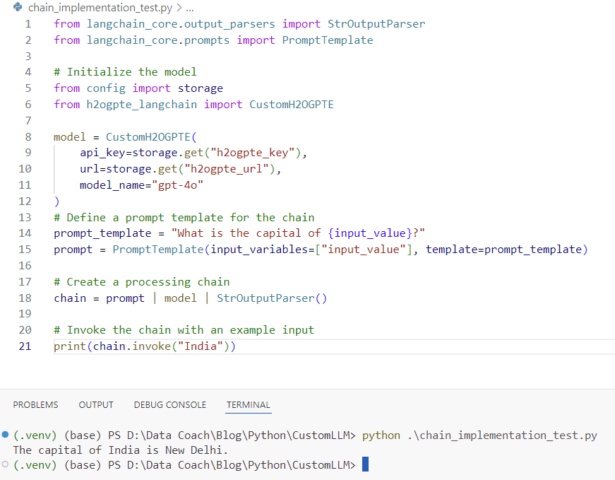 Lanchain CustomLLM - Chain Implementation Test Output - datacoach - https://datacoach.in/ - Register a Custom LLM in Langchain